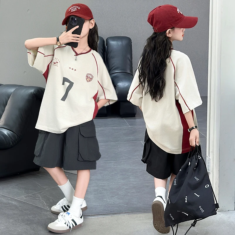 

Girls Clothes Set Tee+Shorts Suits Child 2-Pieces Of Short-Sleeve Top & Cargo Bottom Toddle Girls Casual Clothing Set Size 4-14Y