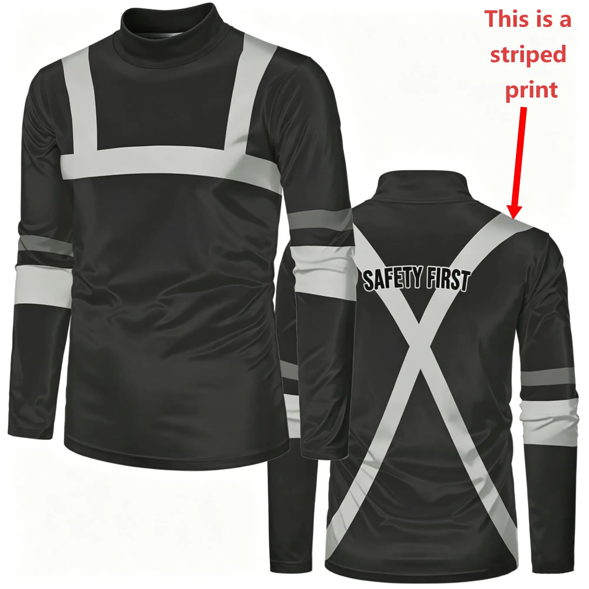 Men Mock Neck Long Sleeve T‑Shirt Fake Safety Work Vest Visual Print Safety First Letter Contrast Stripe Daily Work Casual Tops view 4