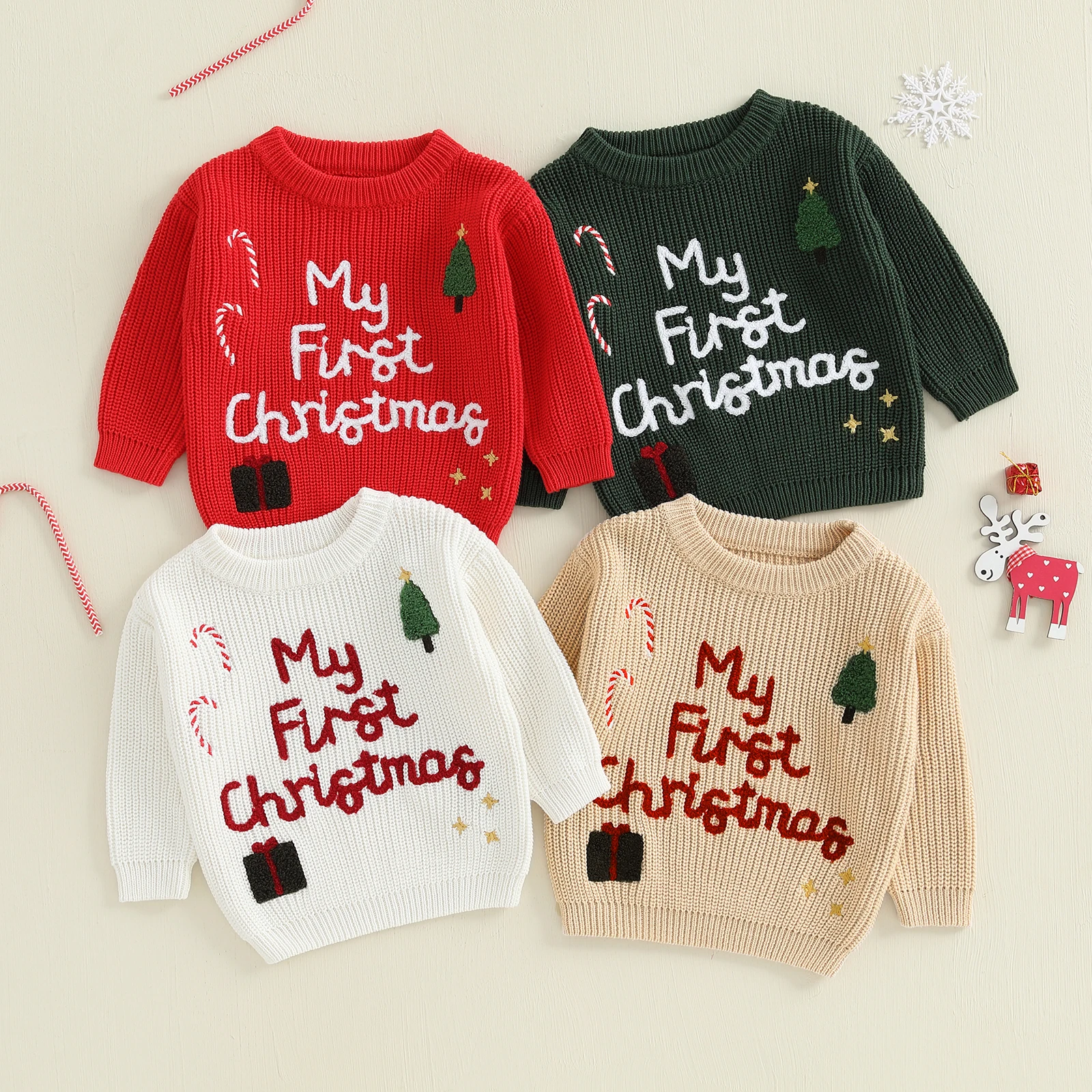 

Tregren Infant Baby Girls Christmas Knit Sweater Long Sleeve Letter Present Box Tree Candy Cane Embroidery Pullover Knitwear