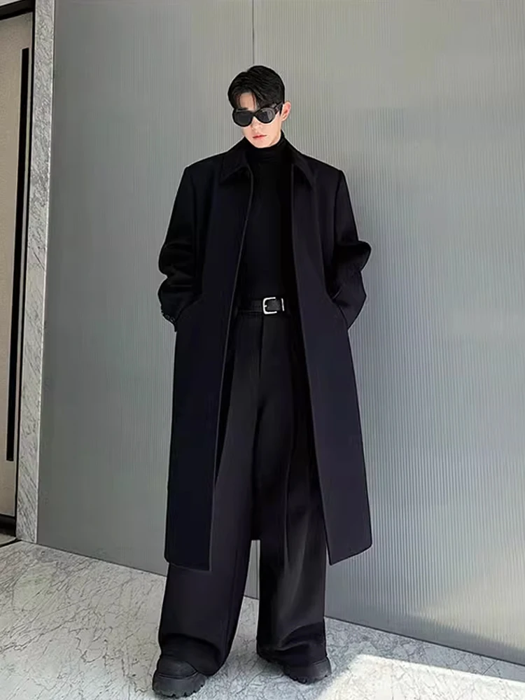 

Winter Thiened Woolen Coat Men's Casual Loose Long Coat Windproof High-End Feeling Tweed Material Double-breasted Pure Color