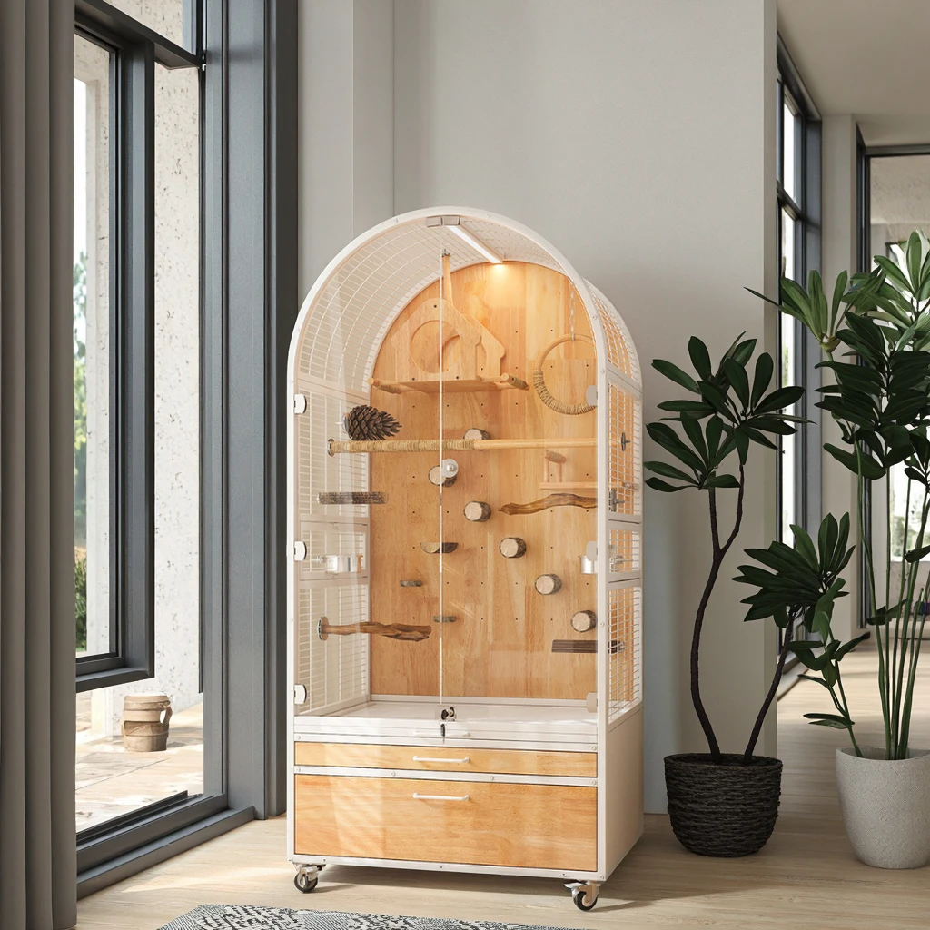 Solid Wood Modern Large Luxury Bird Cage Button Closure Splash-Proof Transparent Glass Eco-friendly Home Outdoor Use No Assembly