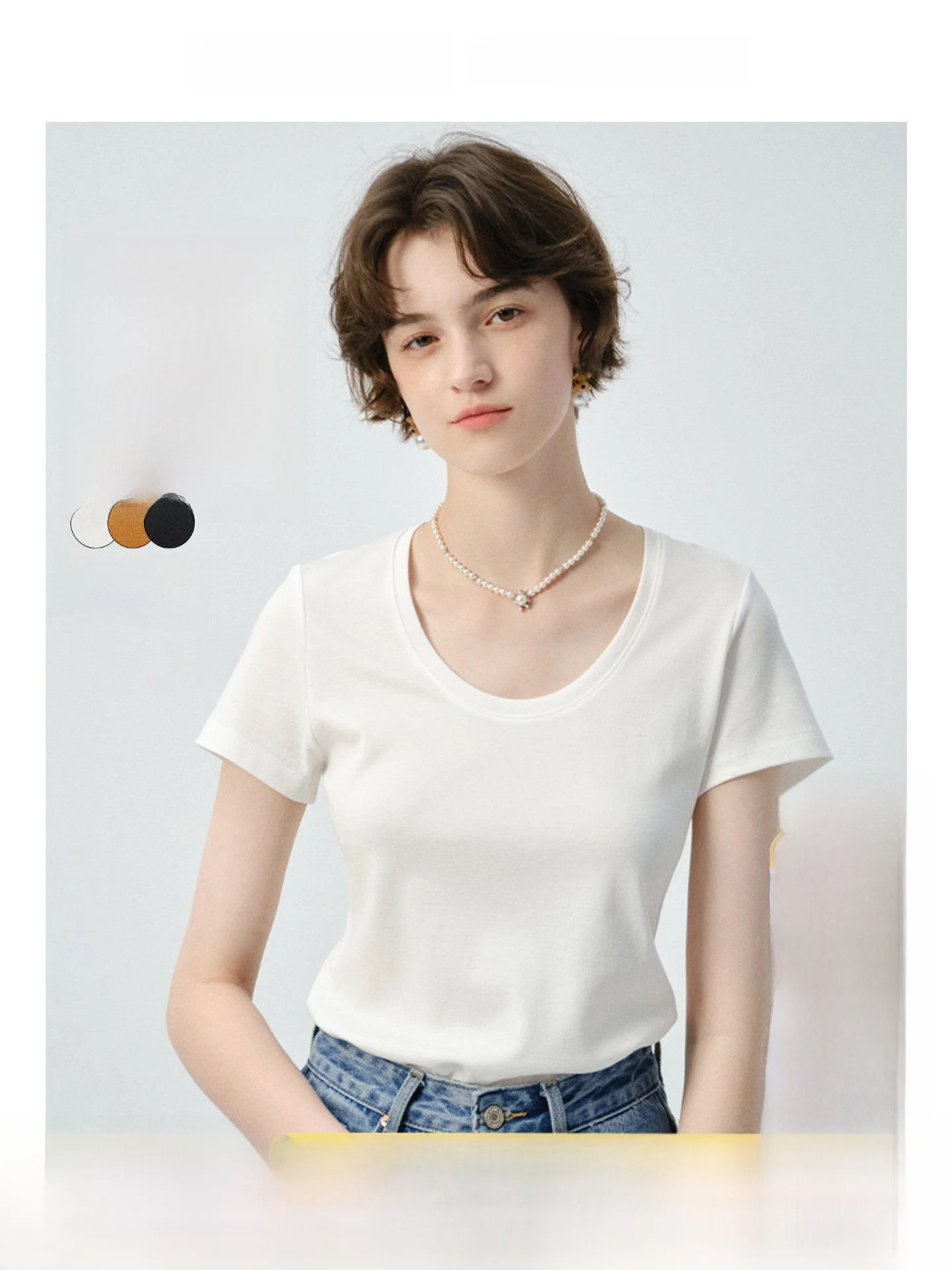 

7A Antibacterial Large Size Women's T-Shirt round Neck Short Sleeve Inner Wear Summer Pure Color Shoulder Width Regular Fit C...