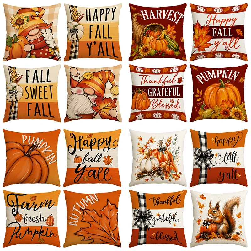 4pcs Thanksgiving Autumn Pillowcase Vintage Pumpkin Maple Leaf Pattern Pillow Cover Farmhouse Autumn Decoration (No Pillow Core)