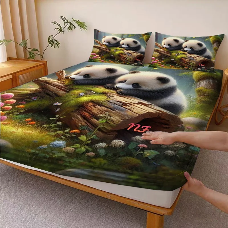 Forest Cuties Playing on Tree Stumps Cute Panda Bed Sheet 2D Digital Print Three-Piece Bedding Set (includes 1 bed sheet + 2 pillowcases) Mattress Protector, Elastic-Fitted Bed Sheet, Protective Cover, Mattress Protector, Japanese-Style Mattress Protector