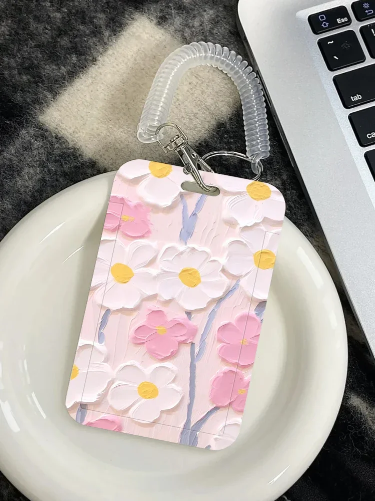 Pink White Flowers Card Holder Suitable for Bus Card Protection Cover, Meal Card Cover, Student ID Cover, Kpop Photocard Holder