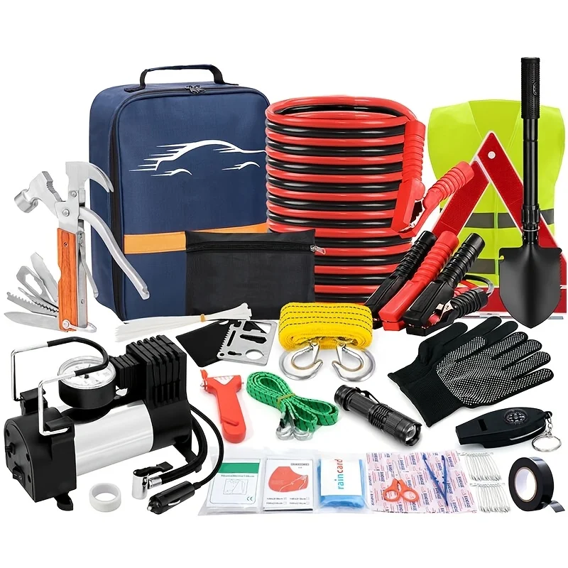 

FCLUSLL Roadside Emergency Kit -95pcs Of Advanced Heavy-duty Vehicle Roadside Emergency Kit - Jumper, Portable Air Compressor Tow, Multifunctional Hammer Shovel, Etc., Various Gifts for Family And Friends