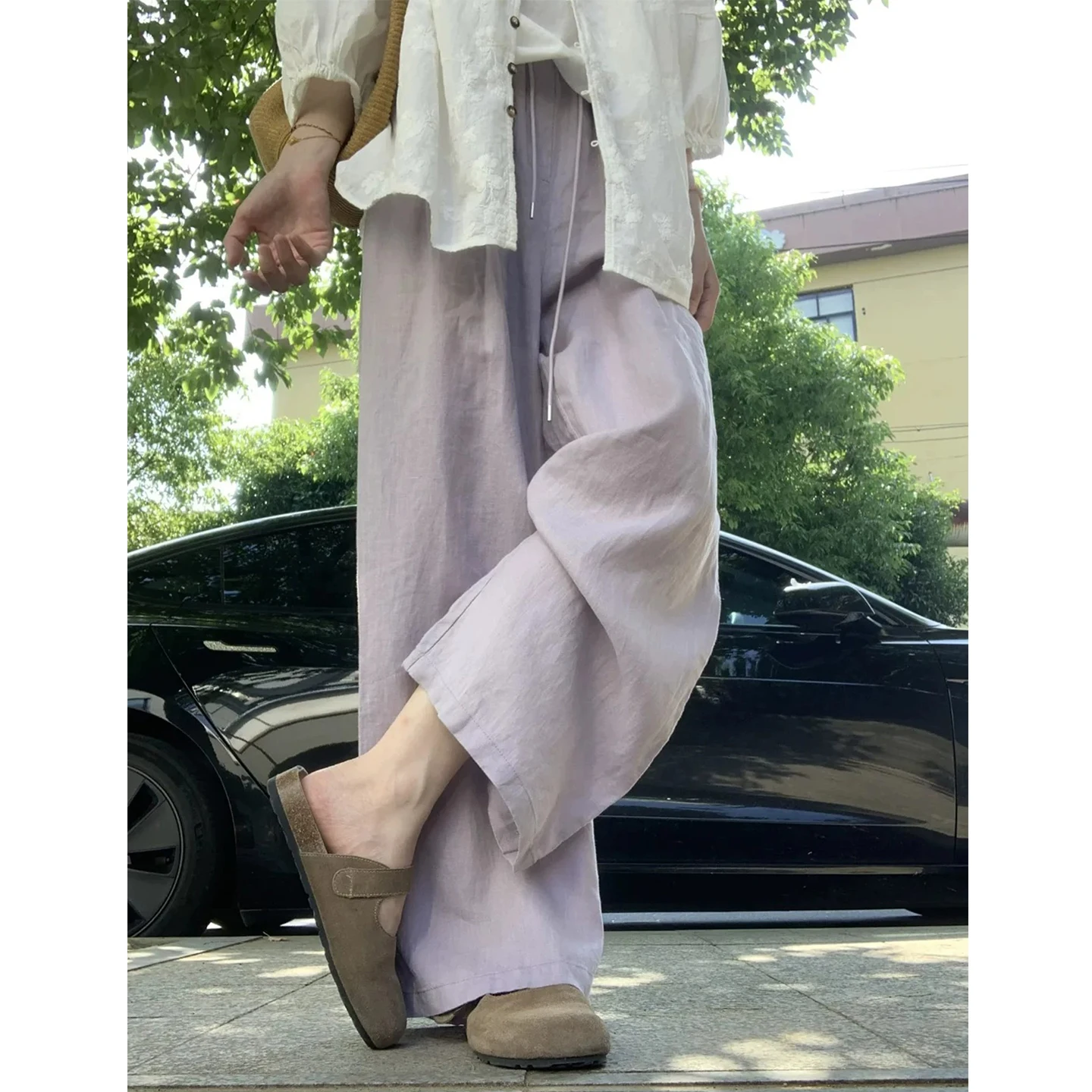 Summer Thin Cotton Linen Wide Leg Pants Women's Loose Casual Straight Cut Trousers Large Size Flattering Lazy Style