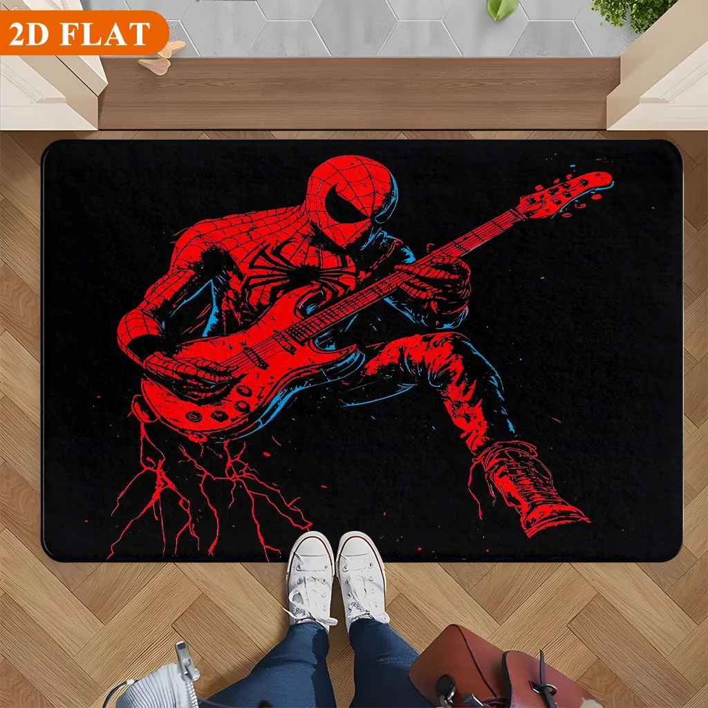 Bath Mat 1pc, Spiderman Rock Guitar, MARVEL Flannel Rectangular Mat, Bathroom Non-slip Entrance Mat, Fun Door Decoration Mat,