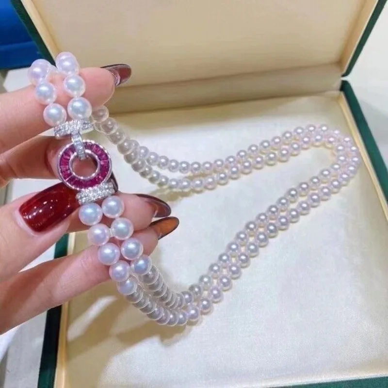 20 بوصة سلسلة مزدوجة AAAA 7-8 مللي متر أكويا الطبيعية اللؤلؤ الأبيض المرأة قلادة 925 الفضة #4