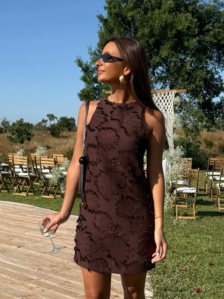 HH Summer Female Textured Fabric Elegant Straight Mini Dress Sleeveless Solid O Collar Side Zipper Hallow Fashion Slim Dress