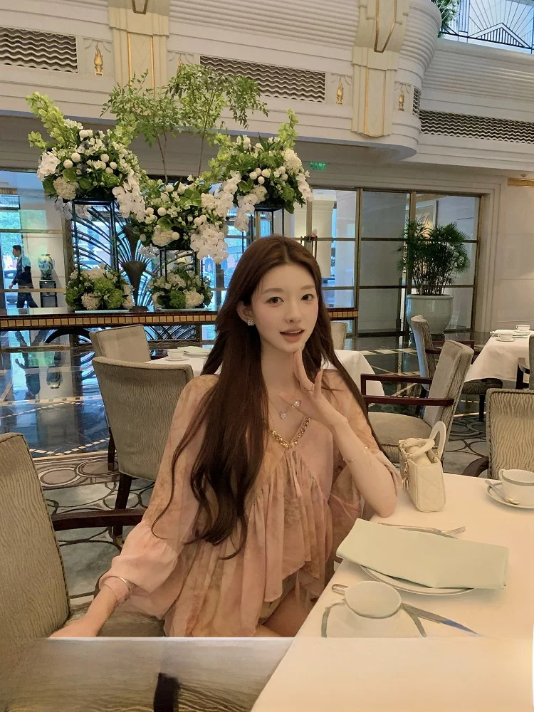 

Шифоновое платье YOLI Zhang Yousi Ancient Spirit V-ne свободного кроя для ранней летней поры с цветочным принтом, в корейском стиле, для повседневной носки