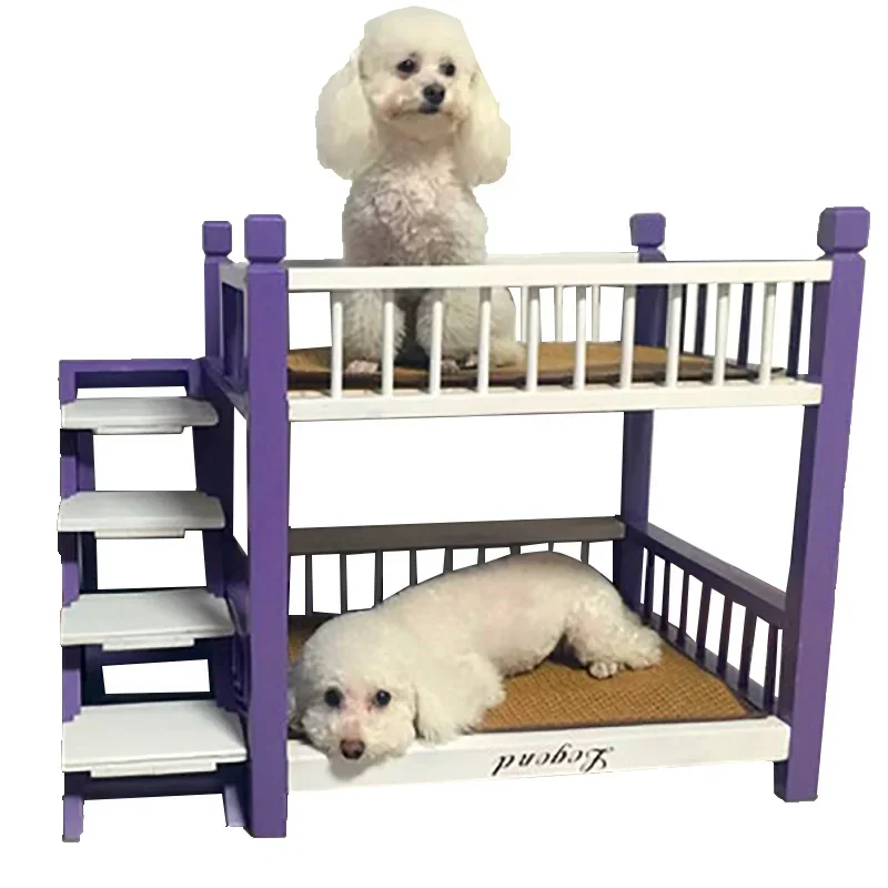 Solid Pine Colorful Bunk Indoor Pet Furniture Luxury Wooden Pet Loft Bed Dog Sleeping Bed Platform with Stair