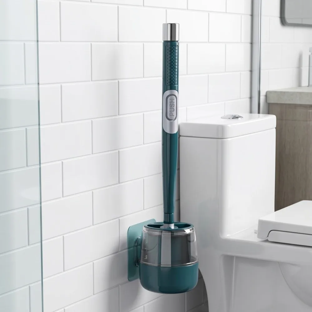 Green Wall-mounted Liquid Adding Silicone Toilet Brush Plastic 42*10cm Green Silicone Toilet Brush with Storage Box