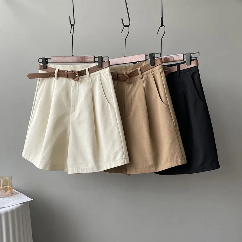 

GIDYQ 100% Cotton Belt Shorts Women High Waist Pockets Wide Leg Sport Shorts Solid Classic Casual Shorts Office Lady Summer News