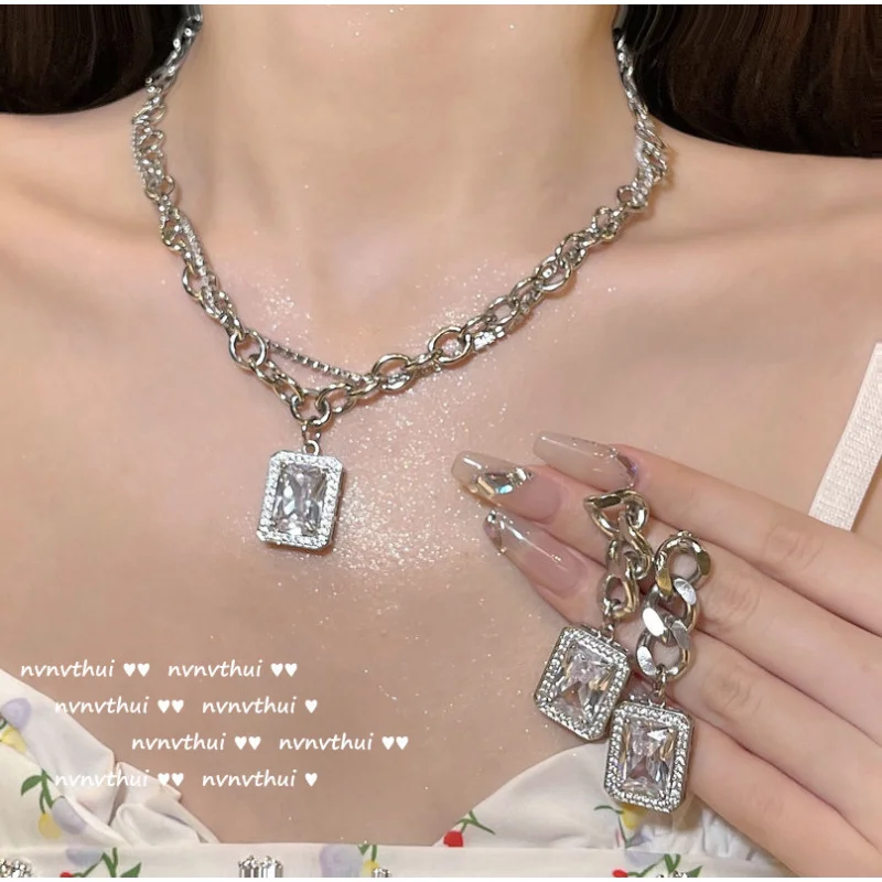 

Sparkling Geometric Gemstone Thick Chain Necklace Designer Plated18KGold Eight Hearts Eight Arrows Rock Sugar Zircon Earrings