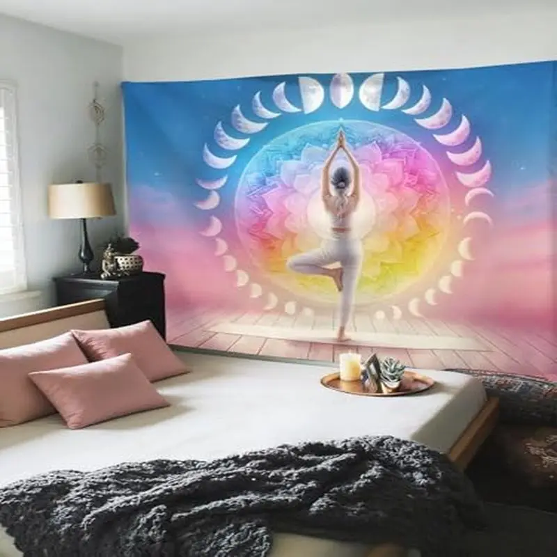 VIKAMA Yoga Moon Phase Tapestry, Chakra Lotus Mandala Wall Hanging, Bedroom Yoga Room Meditation Home Decoration