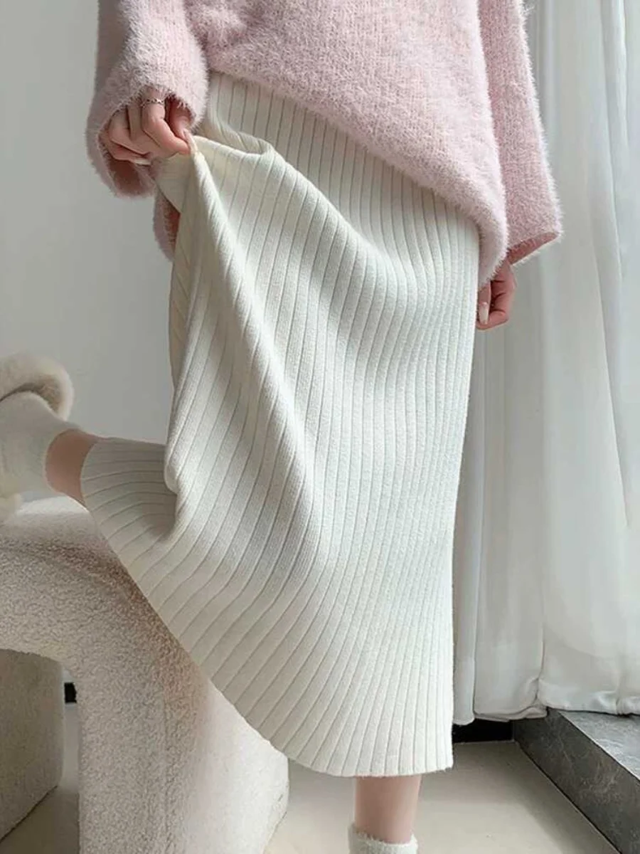 

Women's Knitted A-Line Skirt Thickened High Waist Slimming Autumn Winter New Style Mid-Length Sweater Skirt Korean Style