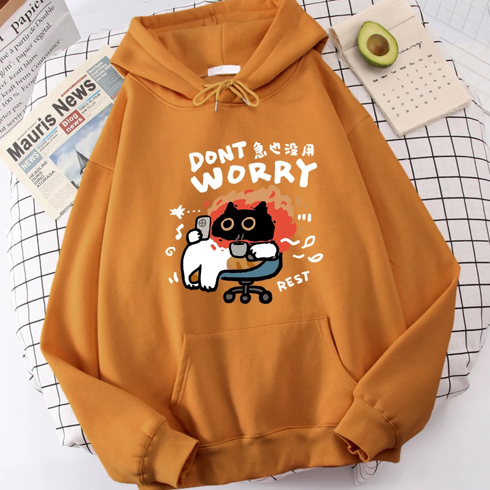 Cartoon Cat Slogans Are Urgent And Useless Mens Hoodie Comfort Versatile Hoody Leisure Personality Sweatshirt Home Fashion Tops