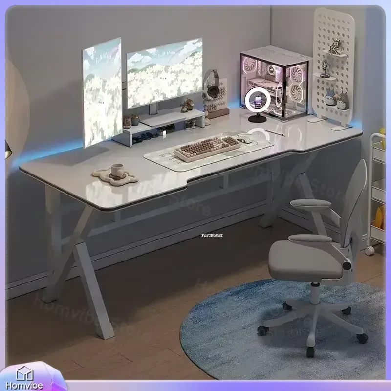 Modern Light Luxury Thick K Legs Computer Desk for Home Office Study Gaming Setup White Adjustable Height Desktop Table with