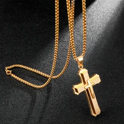 D&Z Waterproof Two Tone Cross Pendant Necklace For Men Black And Gold Plated 316L Stainless Steel Cross Pendant Jewelry