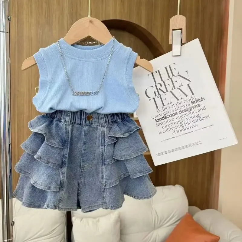 Spring Girls Suit Kids Top + Ripped pearl Denim Pants 2pcs Clothing Set Clothes Outfit 3 4 5 T 2022 New