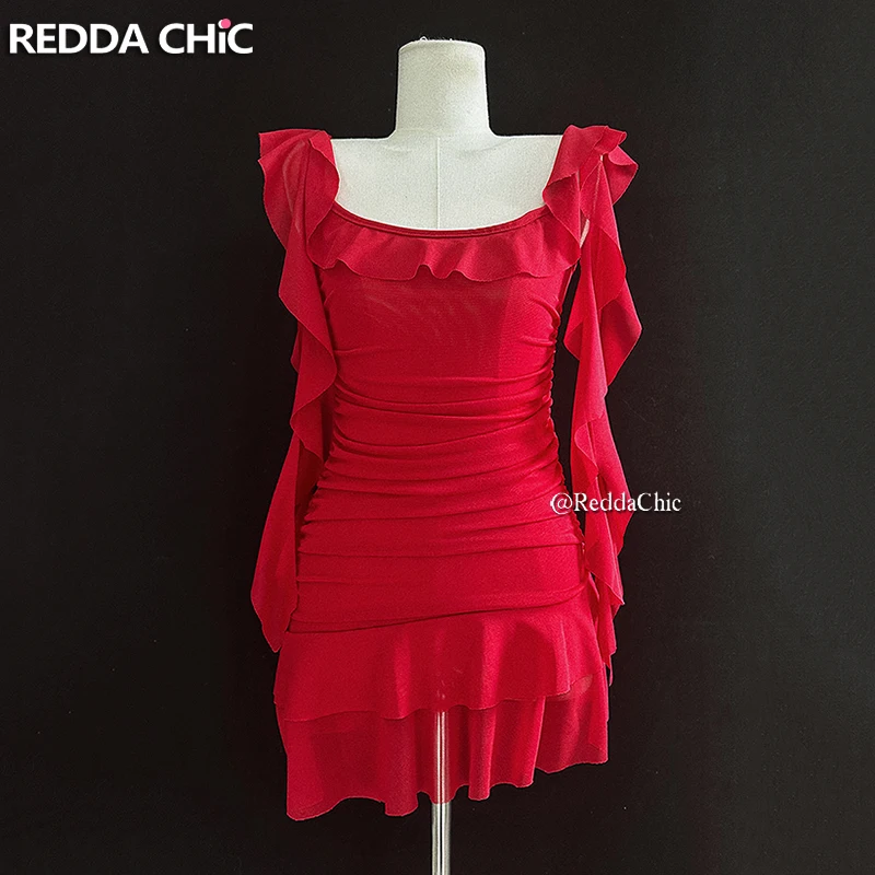 ReddaChic Summer Mesh Red Ruched Mini Dress Women Solid Slim Fit Scoop Neck Fly Sleeves Ruffle Cake Dress Flowy Casual Clothes