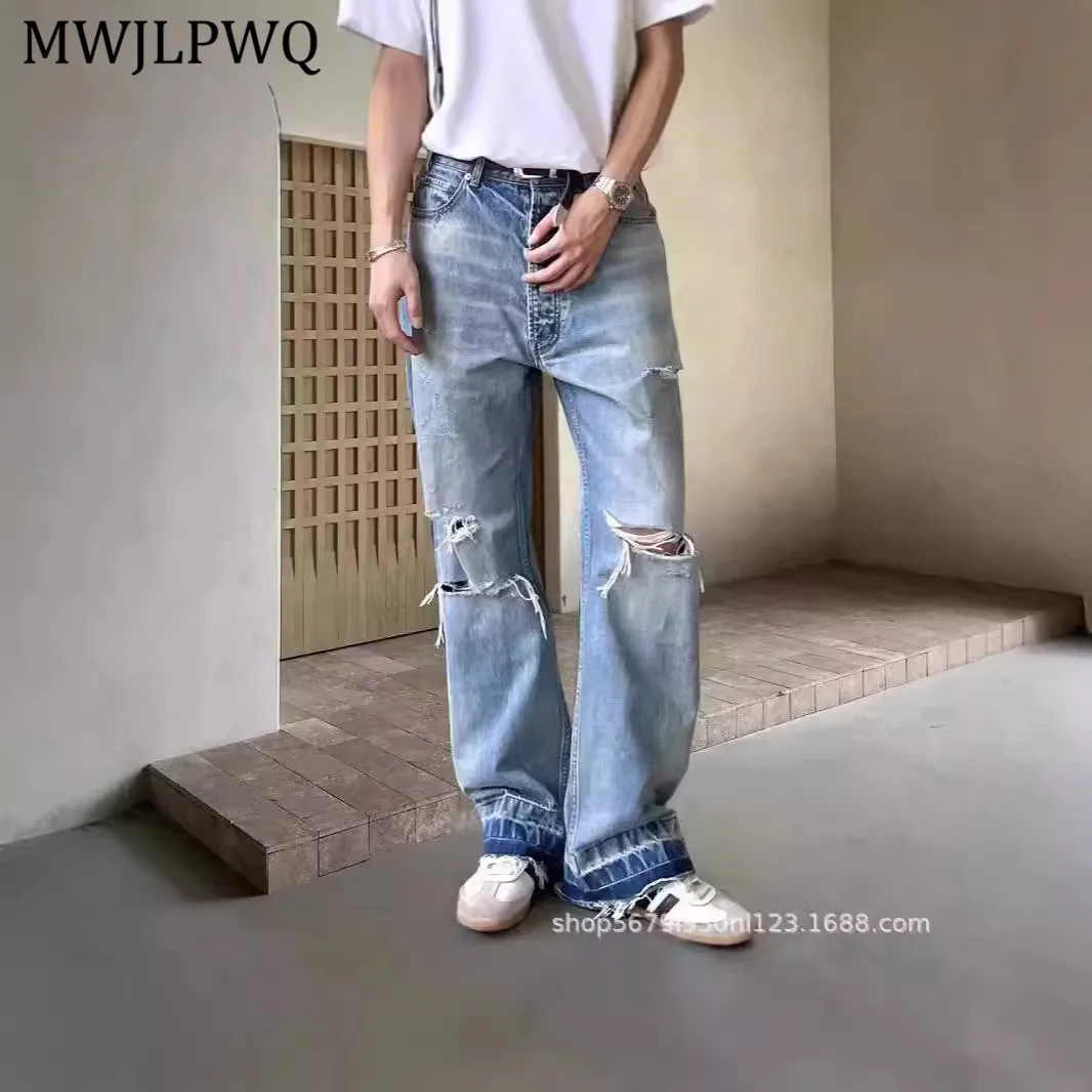 

MWJLPWQ Washed Distressed Loose American Style Jeans Men's Cleanfit Hole Design Trend Straight Floor-length Slim New Pants 11112