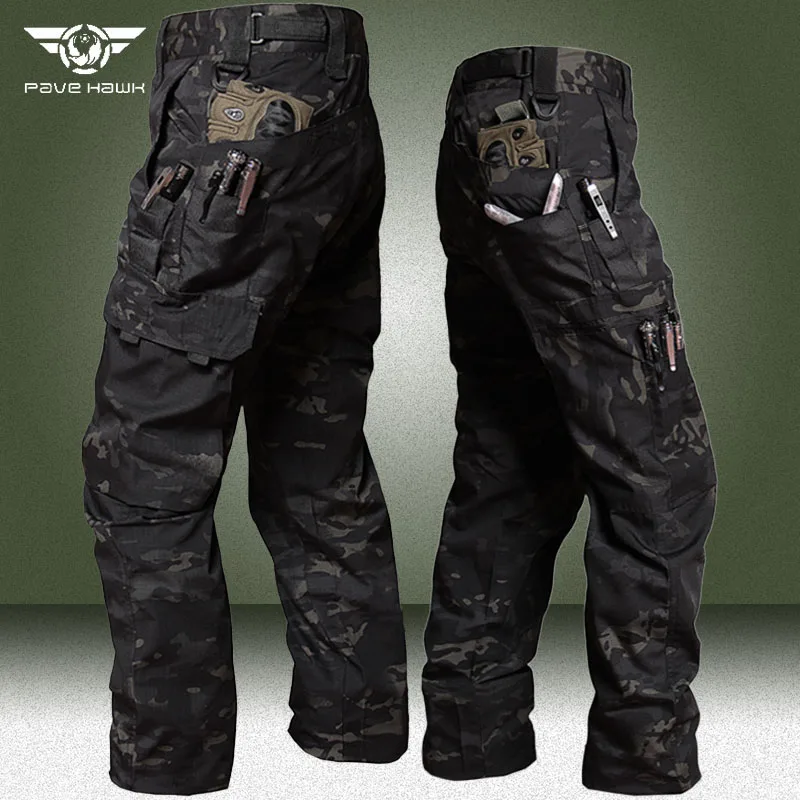 

Black Camo Waterproof Pants Men Outdoor Multi-pocket Wear-resistant Cargo Trousers Male Ripstop Training Fishing Tactical Pant