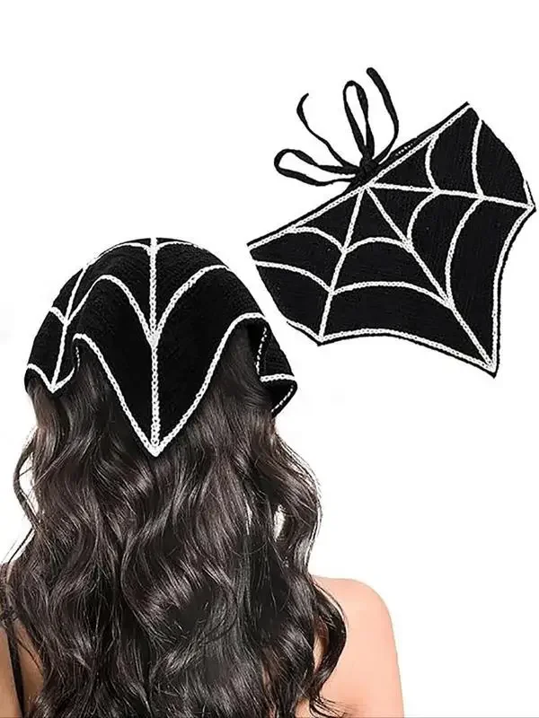 Halloween Crochet Bandana Spider Web Skull Bat Pattern Knit Triangle Head Scarf Cosplay Party Hair Accessory
