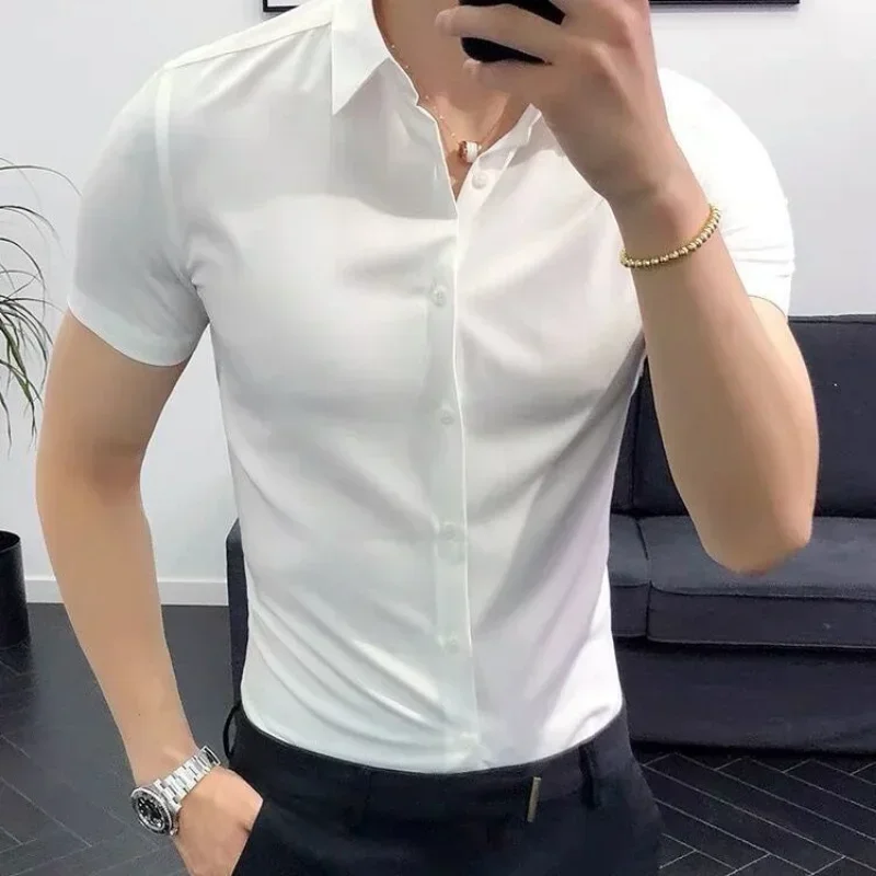 

Shirts and Blouses for Men Short Sleeve Button Fashion 2023 High Quality Cool Man Tops Social Korean Style S Muscle Clothing Hot