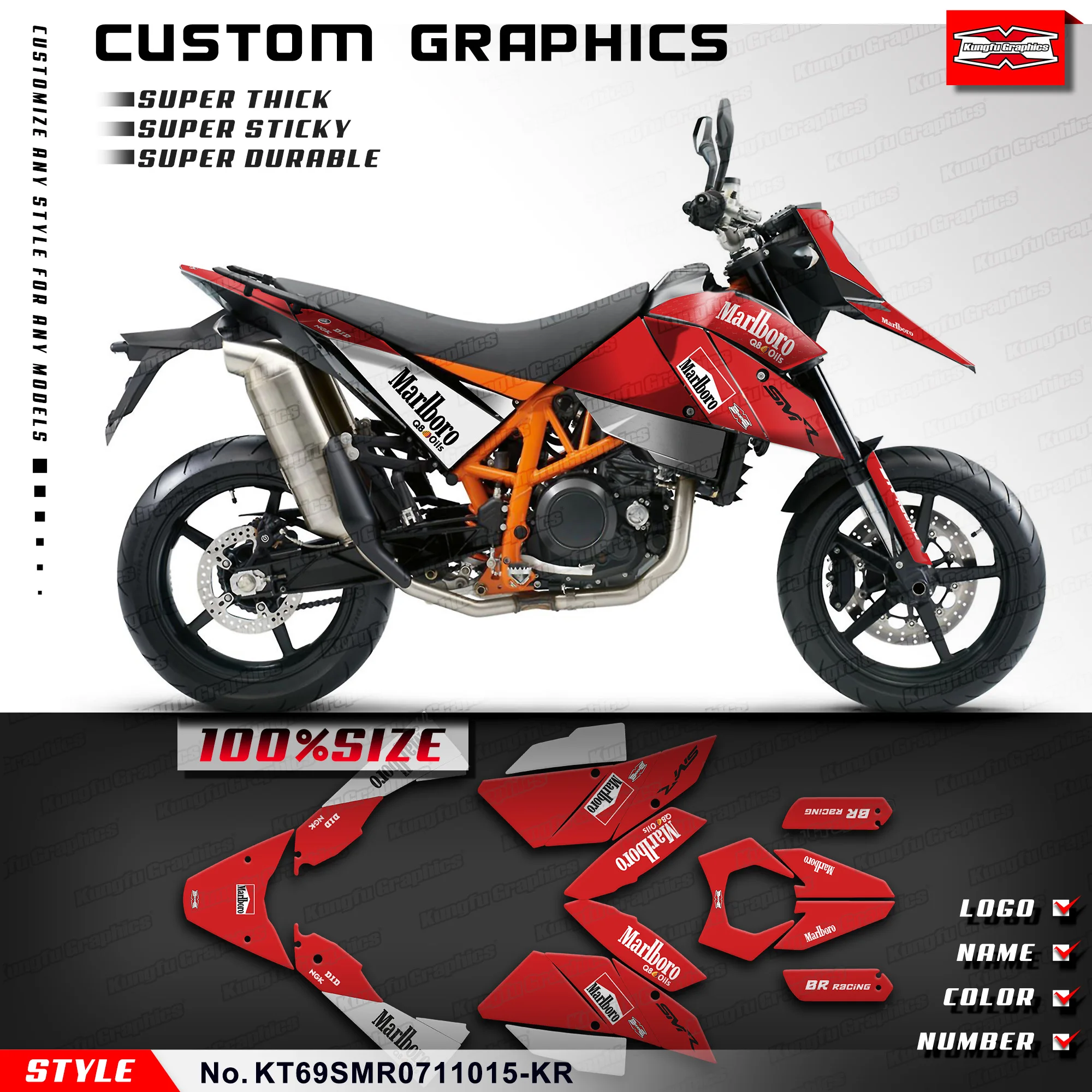 KUNGFU GRAPHICS Motorcycle Graphics Stickers Decals for KTM 690 SM 690 SMR 690 2007 2008 2009 2010 2011,  Restyled, Red