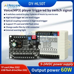 MP3 Power Voice Broadcast Prompt Module DC9-24V 60W High And Low Level Trigger One-To-One Mp3 Playback Support Tf Card U Disk