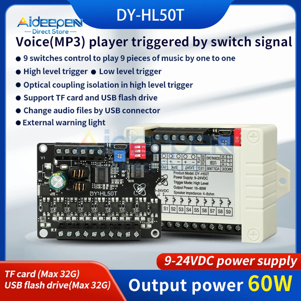 Power Voice Broadcast Prompt Module Dc924v 60w Alto e Baixo Nível Gatilho One-to-one Mp3 Playback Suporte tf Card u Disk Mp3