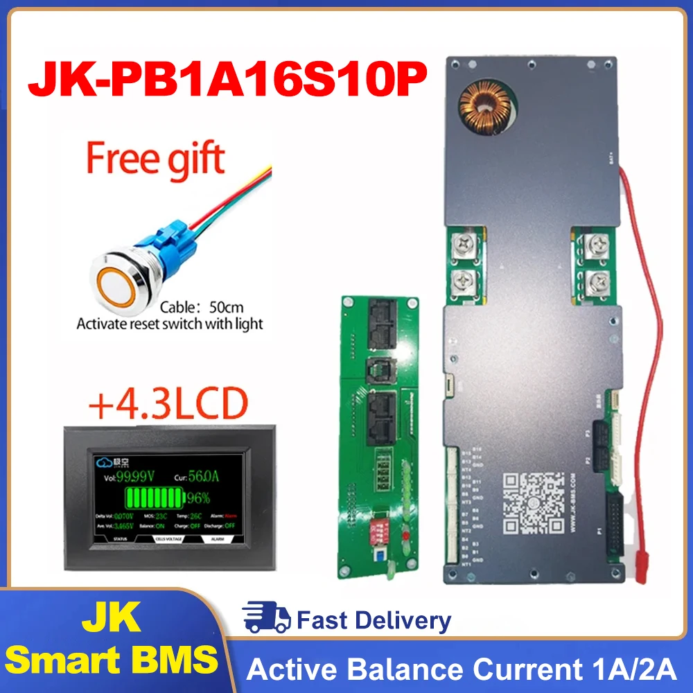 JK Smart BMS JK-PB1A16S10P LiFePo4 Li-Ion LTO Battery 24V 48V 8S/16S 200A Household Energy BMS Home Inverter Active balancer 2A