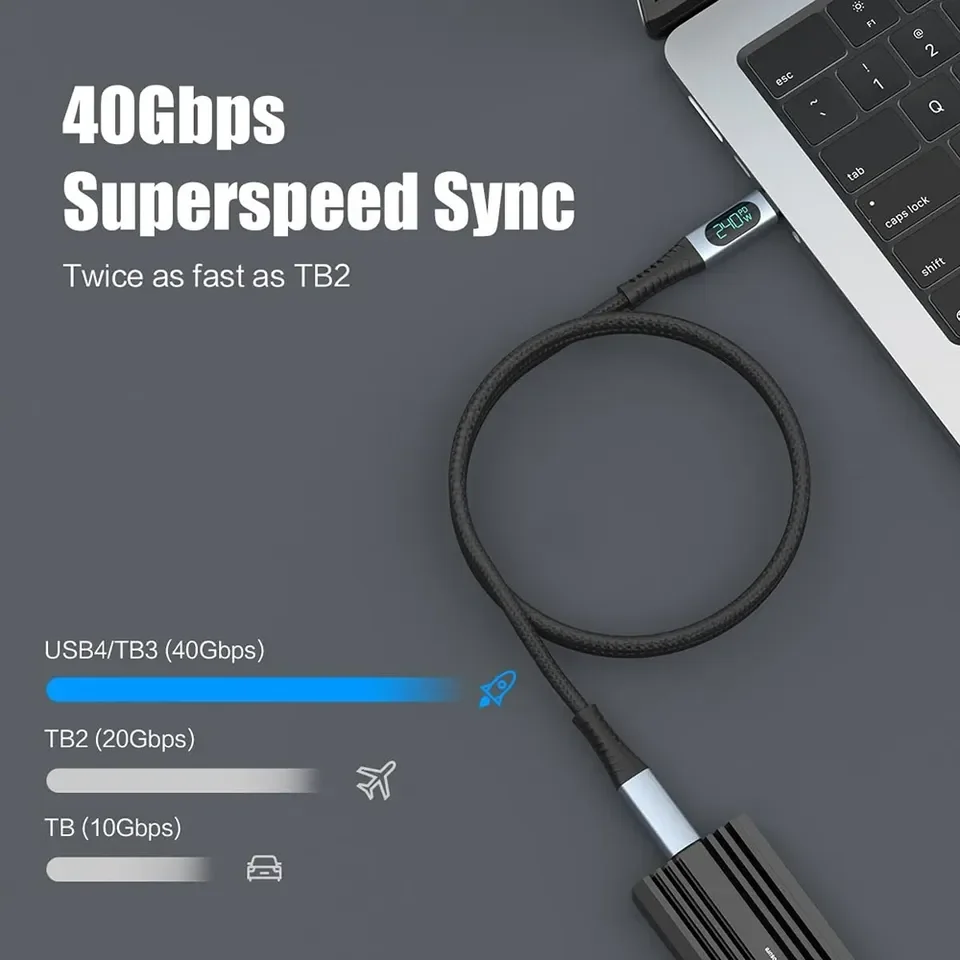 USB4 Type-C 240W Fast Charging Cable With LED Digital Display 8K@60Hz 40Gbps Data Transfer 1M Braid Cord for Laptop Docking Hub