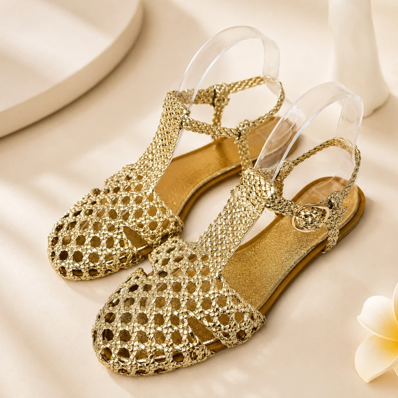 Women Flat Sandals Gold Woven Style Soft Inside Very Light Easy to Wear Summer Sandals with Adjustable Ankle Strap