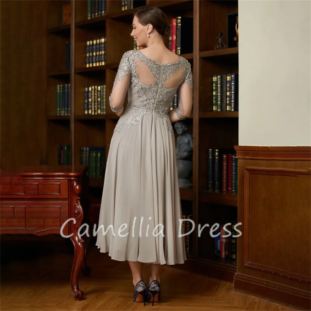 Princess Scoop Neck Mother Of The Bride Dress A-Line Chiffon Lace Tea-Length Formal Dresses Vestidos Mae Da Noiva Casamentos