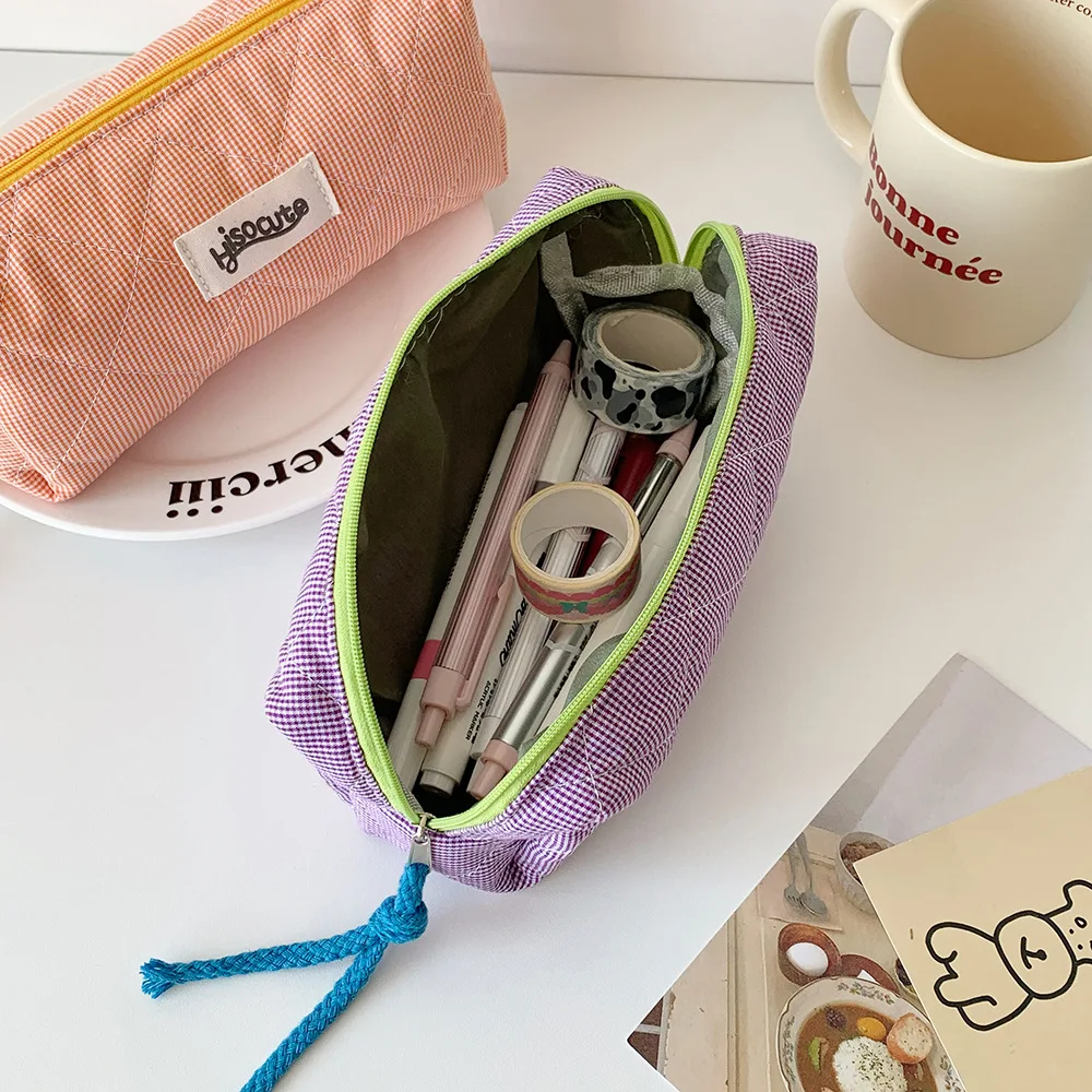 Astuccio per matite a quadretti con blocchi di colore, borsa per cancelleria per ragazze, cosmetici di grande capacità e borsa per riporre oggetti vari