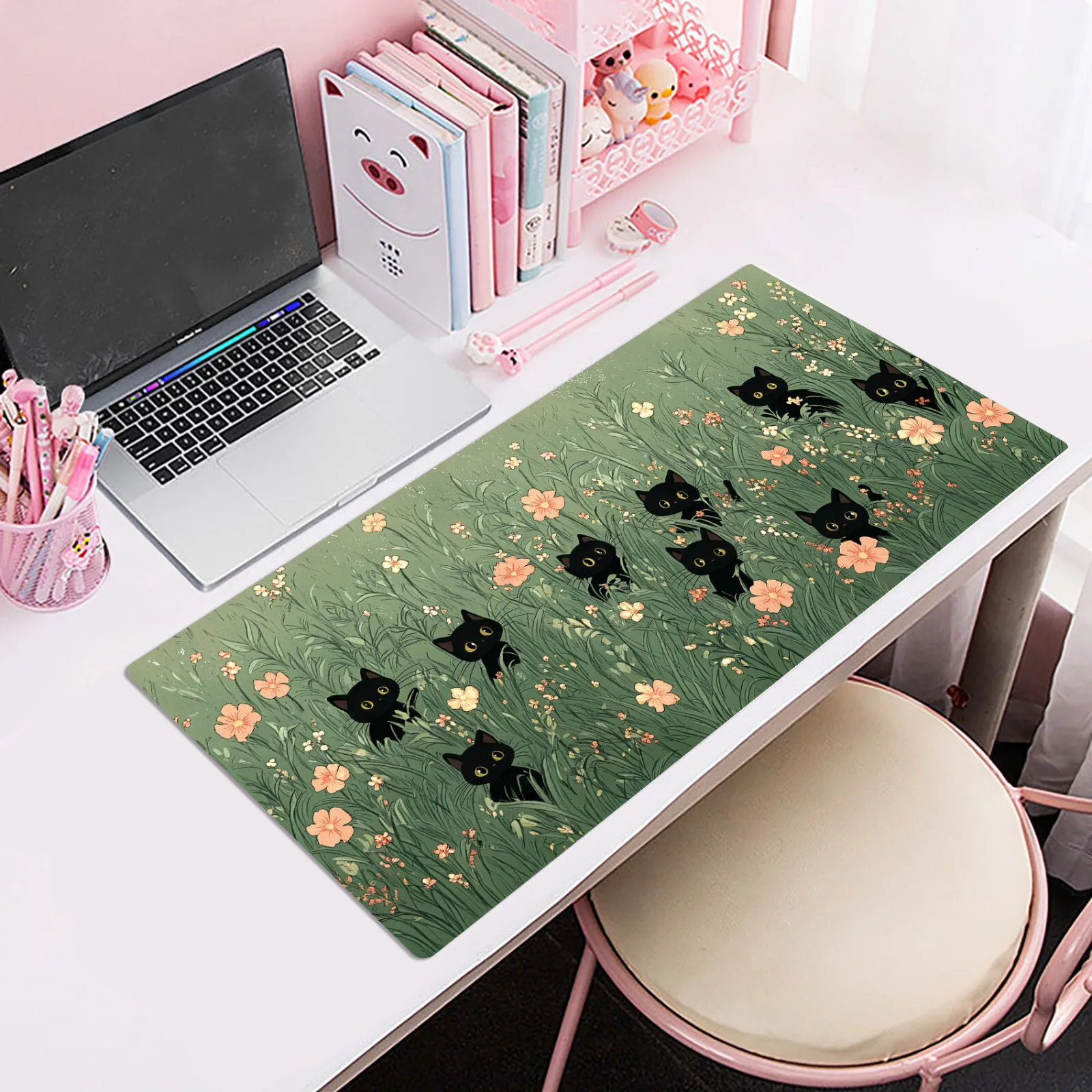 Pink Floral Cute Black Cat Mouse Pad Large Rubber Anti-slip PC Desk Accessories Mousepad for Office and Gamer Keyboard Decor Mat