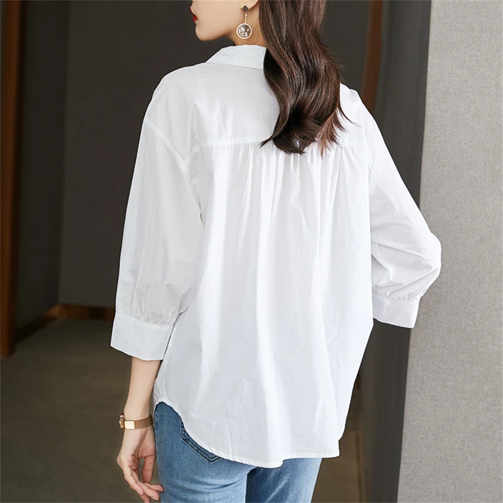 Blue/ White Button Up Cotton Shirt Women Summer Solid Color Tops Female Korean Fashion Lantern Sleeve Lapel Casual Loose Blouse