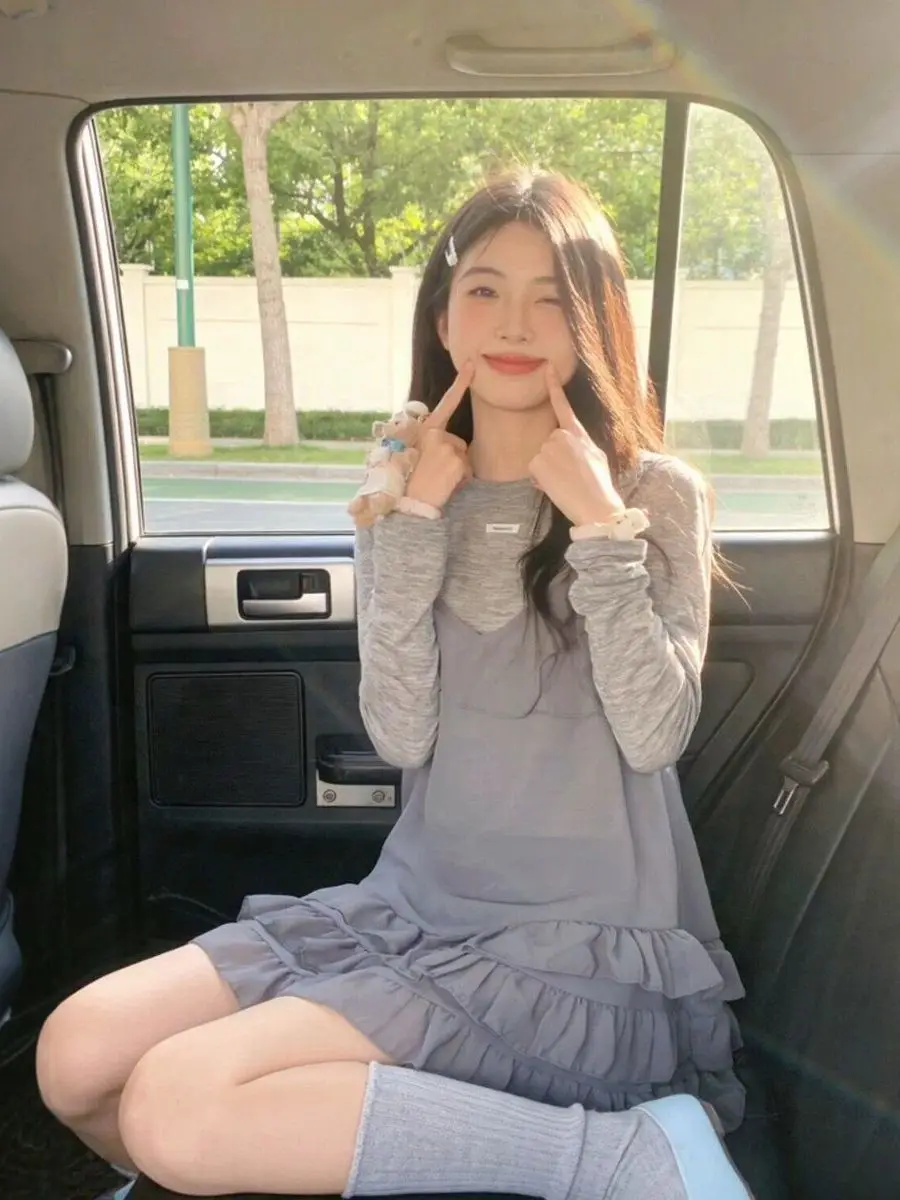 

Spring Summer Women's Korean Style Tulle Trim off Shoulder Dress Top Bottom Set Fashion Ensemble High Waist round Neckline