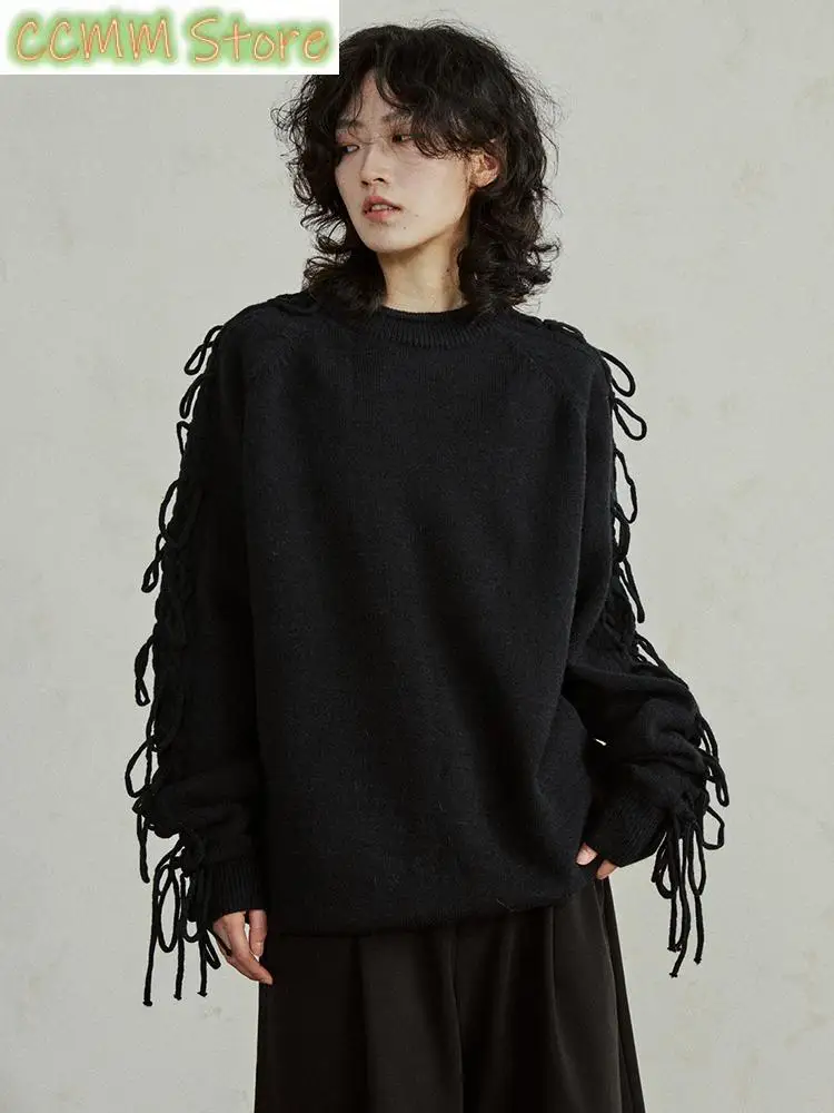 

Black Tassels Big Size Knitting Sweater Round Neck Long Sleeve Women Pullovers New Fashion Tide Spring Autumn