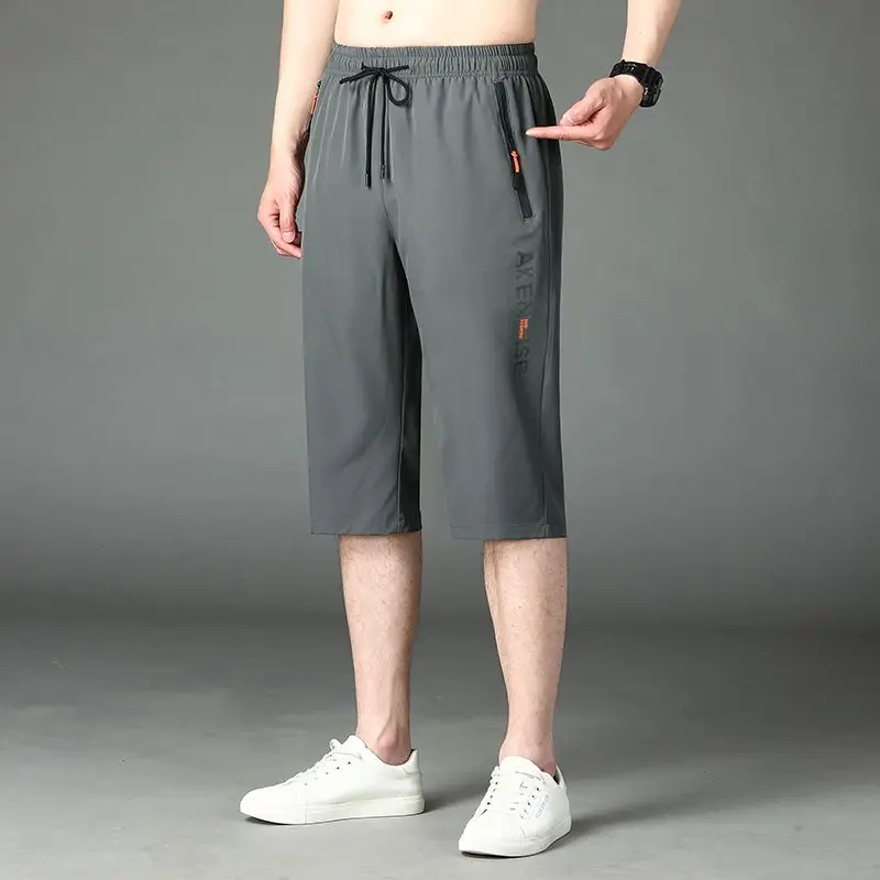 Trend Casual Elastic Drawstring Capri Pants Male Clothes Summer Korean Zipper Patchwork Fashion Men High Waist Ice Silk Pants