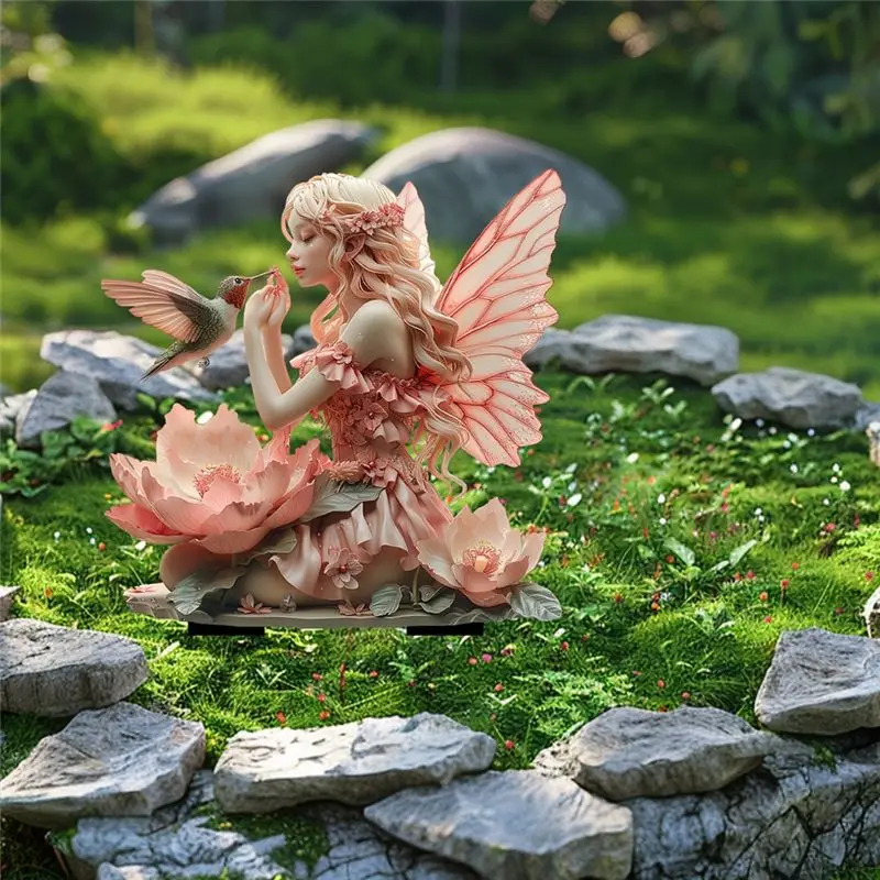 J1UL1N Boho Acrylic Garden Stake Decorative Fairy And Hummingbird Outdoor Decor