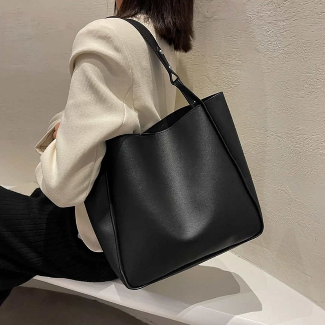 Vintage Solid Color Women Handbags Large Capacity PU Leather Bucket Bag Soft Single Strap Shoulder Bag Shopping Travel Bags