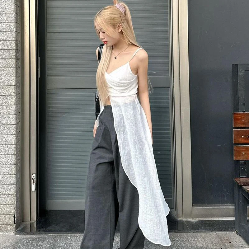 MEXZT Y2K Solid Long Camis Women Streetwear Sexy Slash Neck Slit Ruffles Sleeveless Corset Tank Beach V Neck Backless Crop Tops