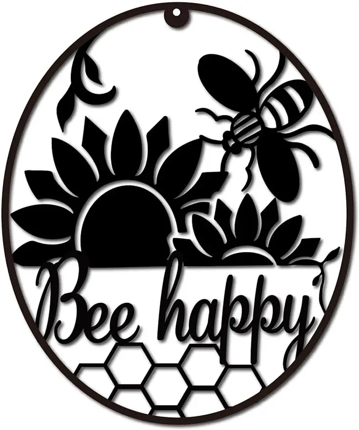 

1PC Metal Bee Happy Wall Art Bee Hive Decor Wall Hanging Silhouette Sculpture Ornaments Iron Sign for Indoor Outdoor Home