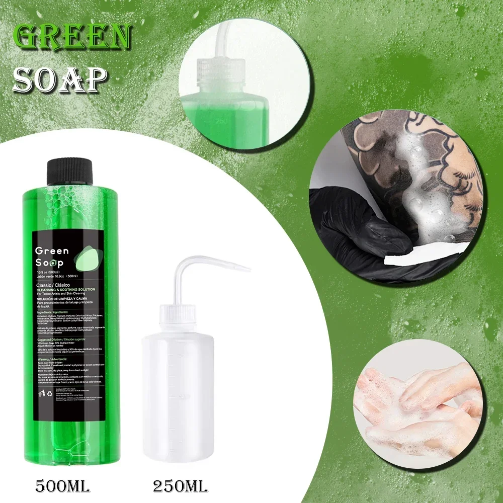 1PC Tattoo Green Soap Liquid Cleaning Solution 8.5oz/16.9oz with 8.45oz Squeeze Bottle - Essential Tattoo Aftercare Supplies