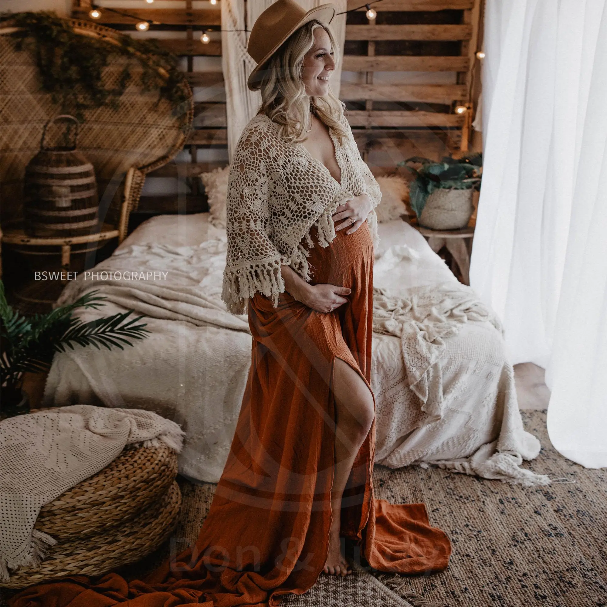 Don&Judy Boho Style Maternity Photoshooting Dress Baby Shower Maxi Dresses Pregnant Woman Photo Props Dress