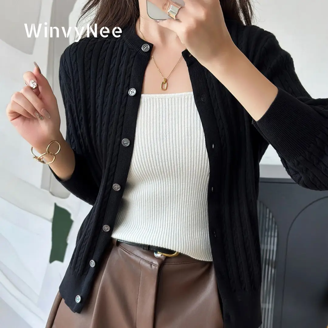 WinvyNee Women's Clothing 100% Pure Cotton Twist Knit Round Neck Cardigan Fashion Tops Outdoor Ladies Simple Outfit ZA1002010